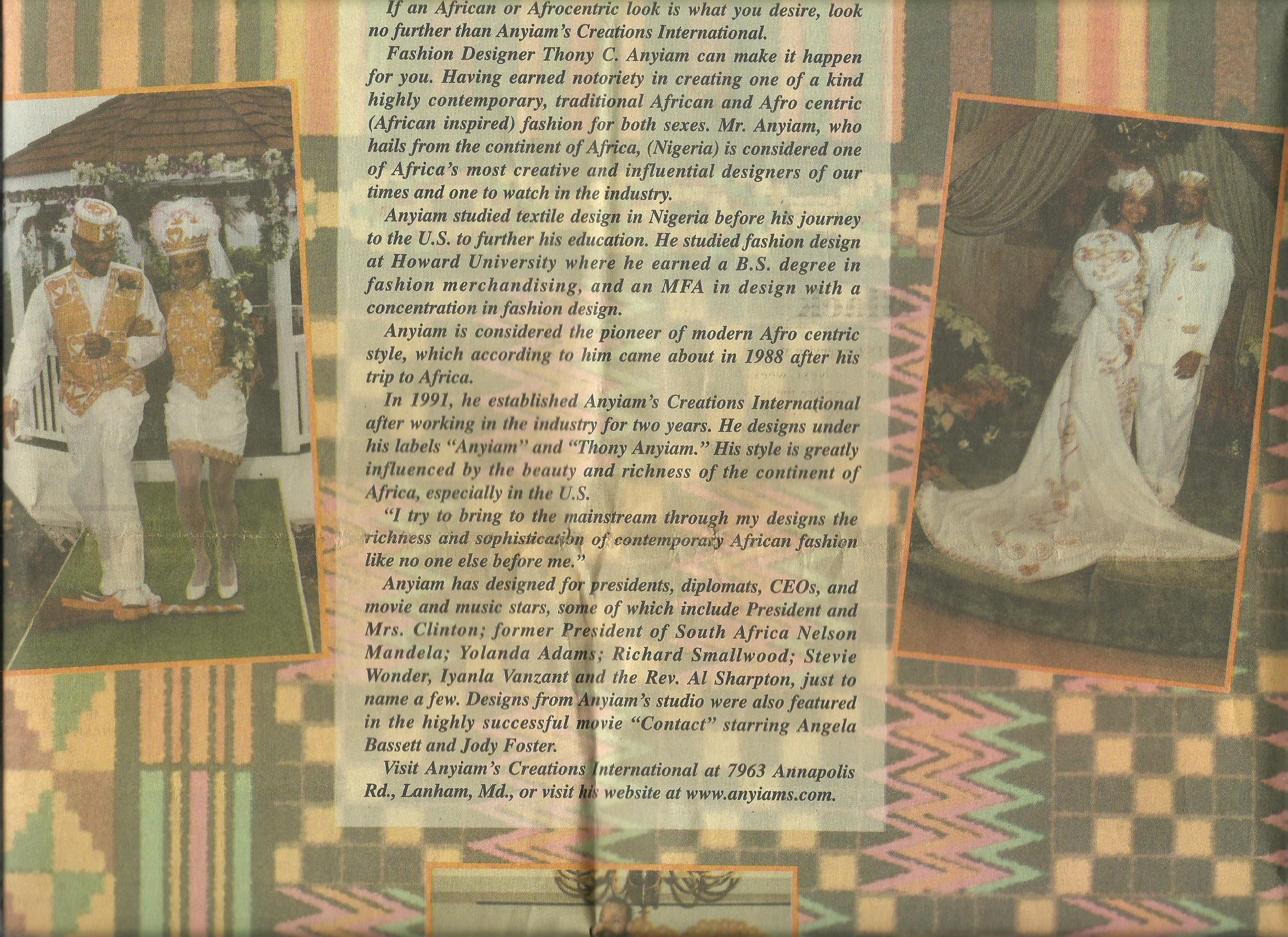 Newspaper article on designer Thony C. Anyiam, a pioneer of African-Inspired Bridal Wear in the USA